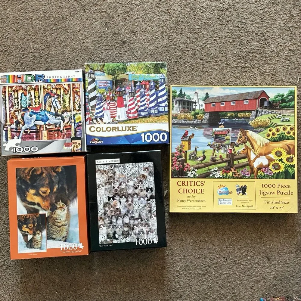 Lot of 5 Jigsaw Puzzles 1000 Pieces Cats Horses Wolf Carousel Horse Lighthouses